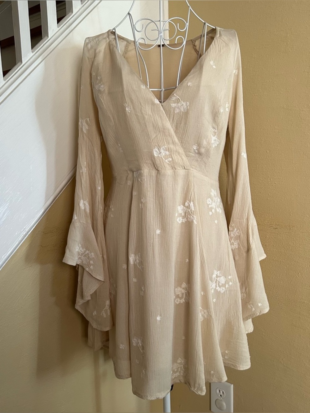Free People Beige Floral Faux Wrap Mini Dress with Bell Sleeves